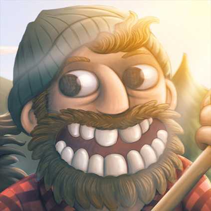 An illustrated happy lumberjack with a big grin.